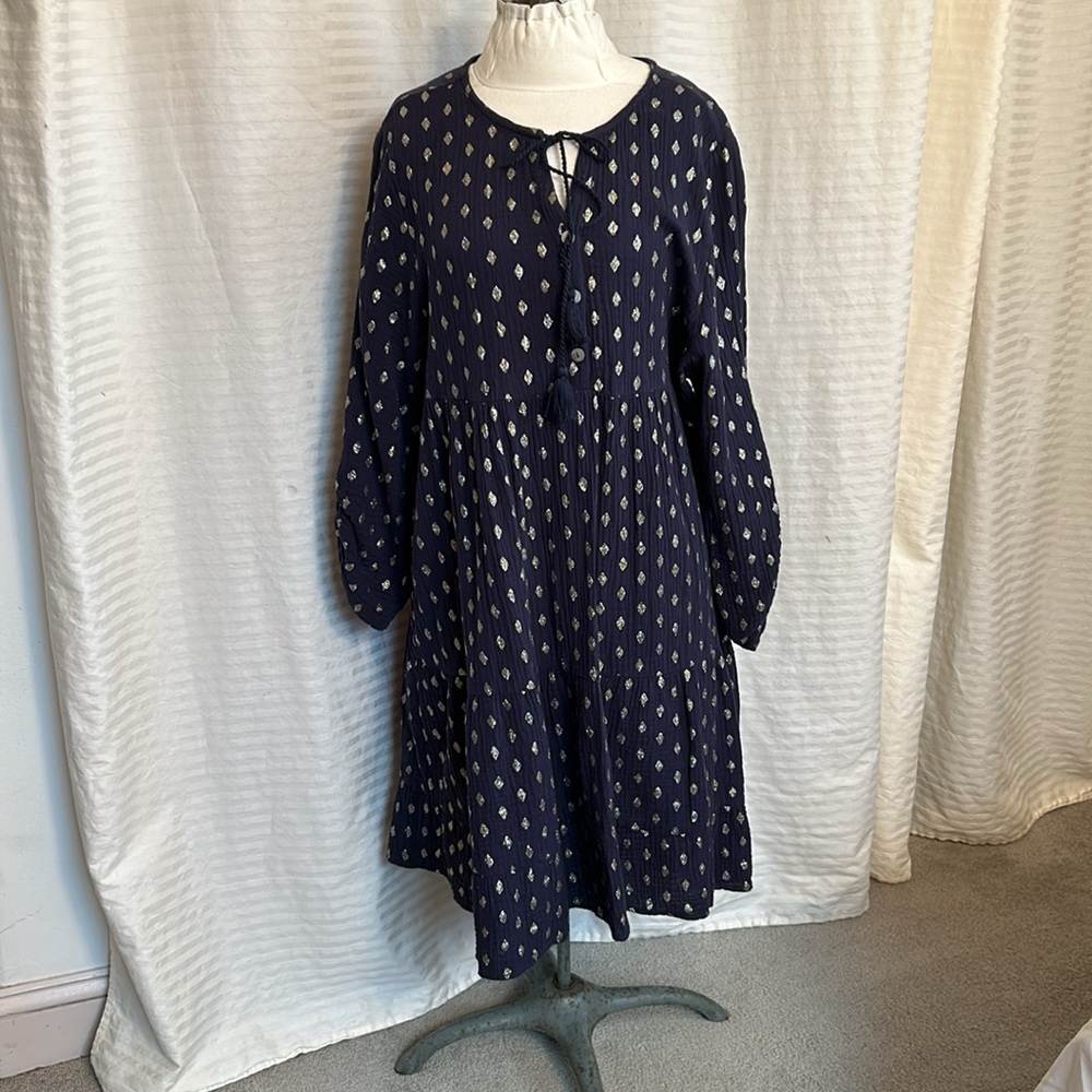 Kaktus navy blue and gold diamond print cotton babydoll midi  dress